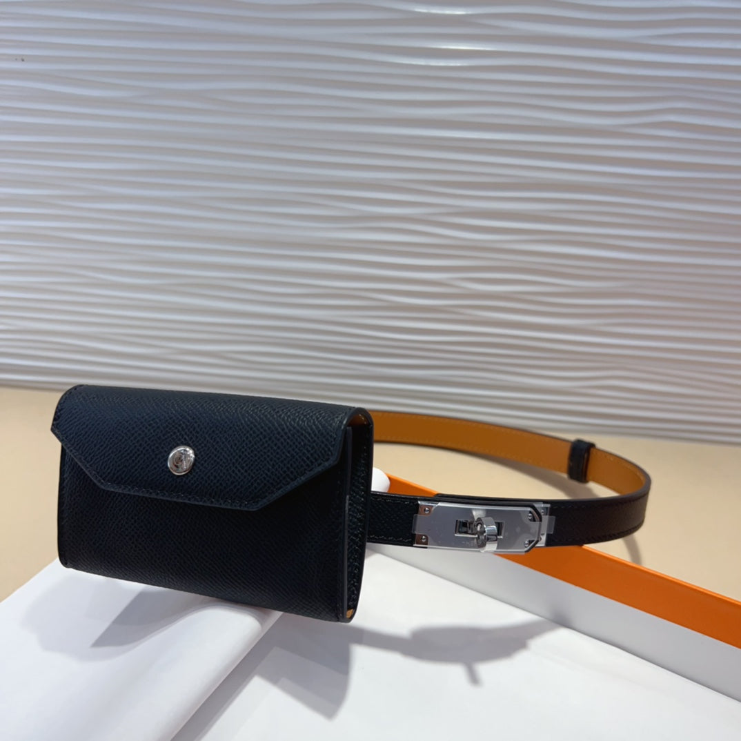 HM KELLY POCKET 18MM BELT BLACK LEATHER SILVER HARDWARE