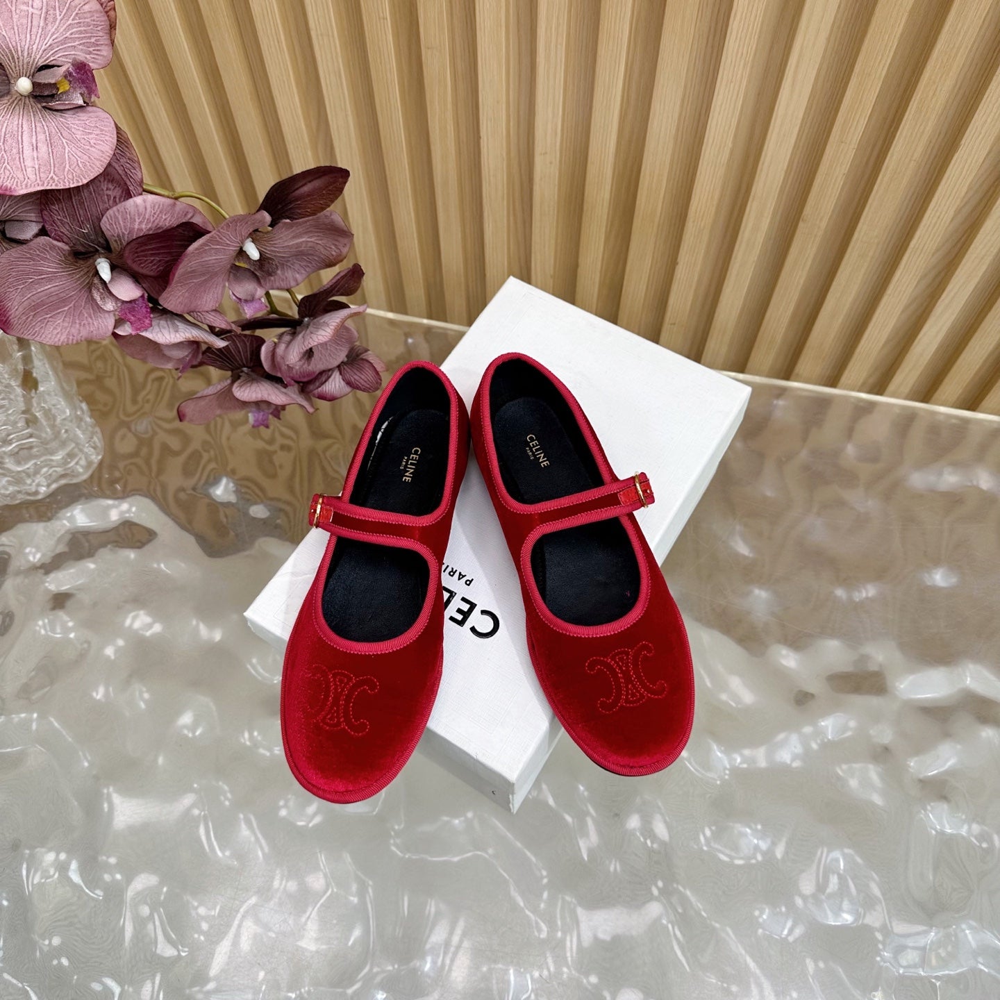 Celine 26s Mary Jane Flats In Red Velvet