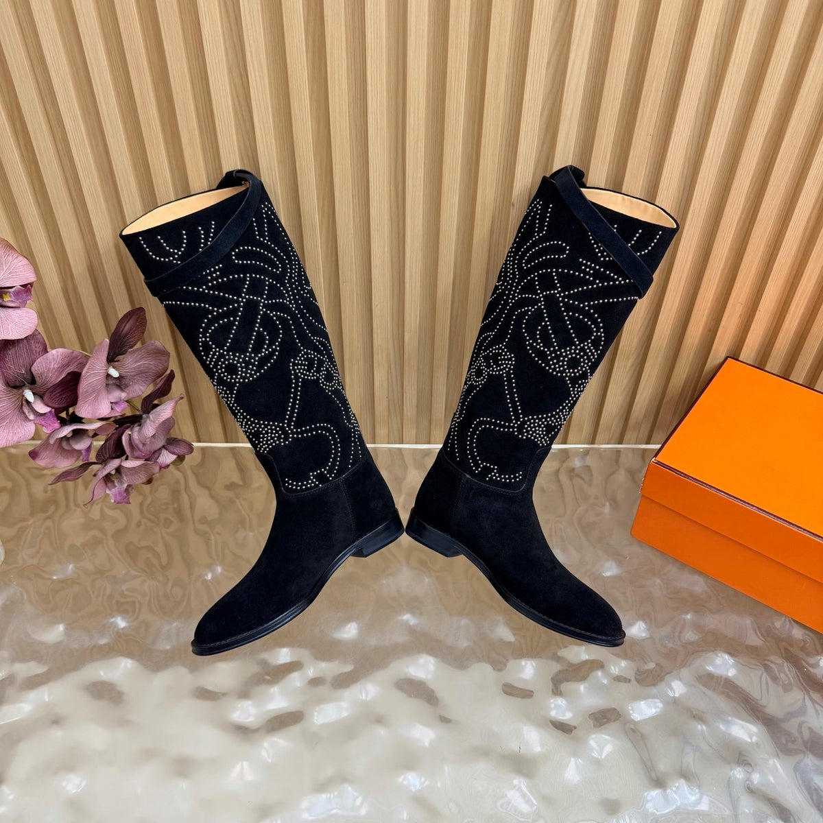 Hermes 26S Studded Jumping Boots 3cm Black Suede 114940
