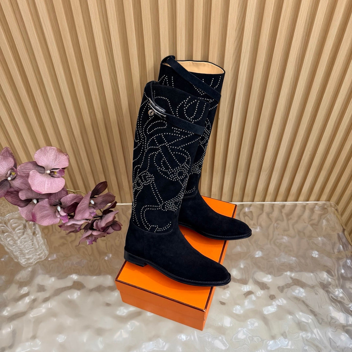 Hermes 26S Studded Jumping Boots 3cm Black Suede 114940