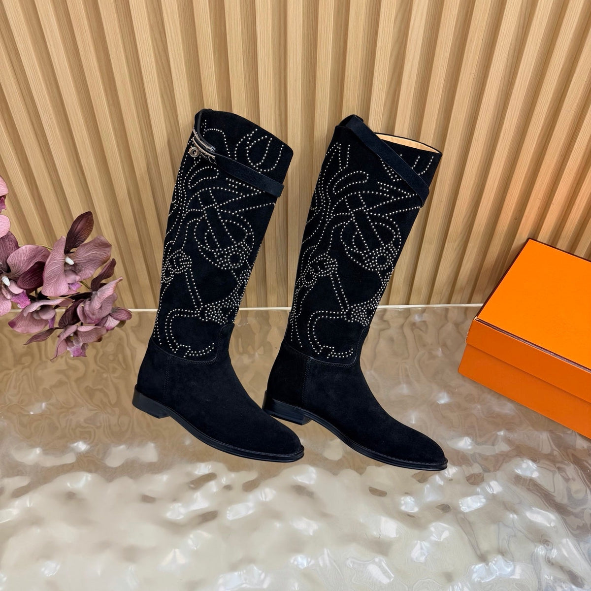 Hermes 26S Studded Jumping Boots 3cm Black Suede 114940