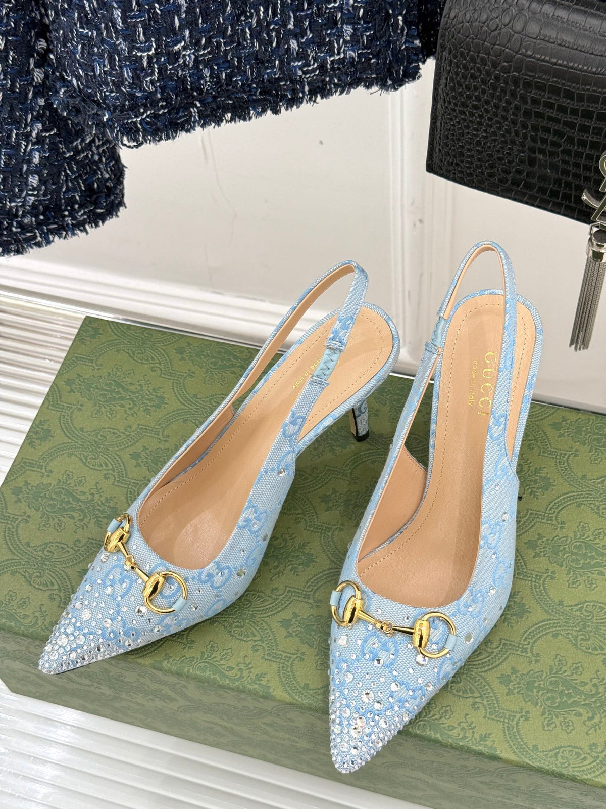 GG Horsebit Slingback 85MM Beige Cloud Blue Monogram Canvas Point Toe Crystal-Embellished