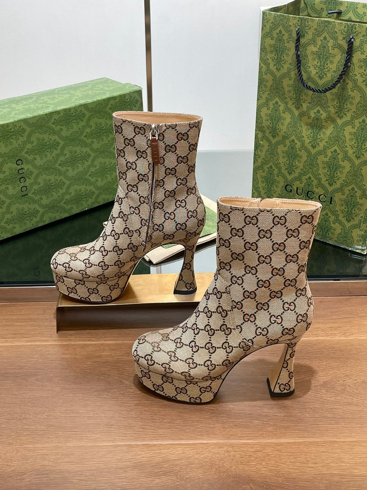 GG SHORT BOOTS 11.5 CM IN CAMEL BROWN MONOGRAM JACQUARD FABRIC