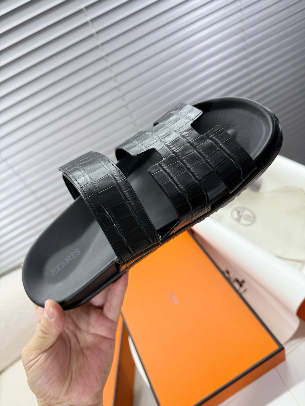 HM Chypre Sandal Black Crocodile Skin 205482