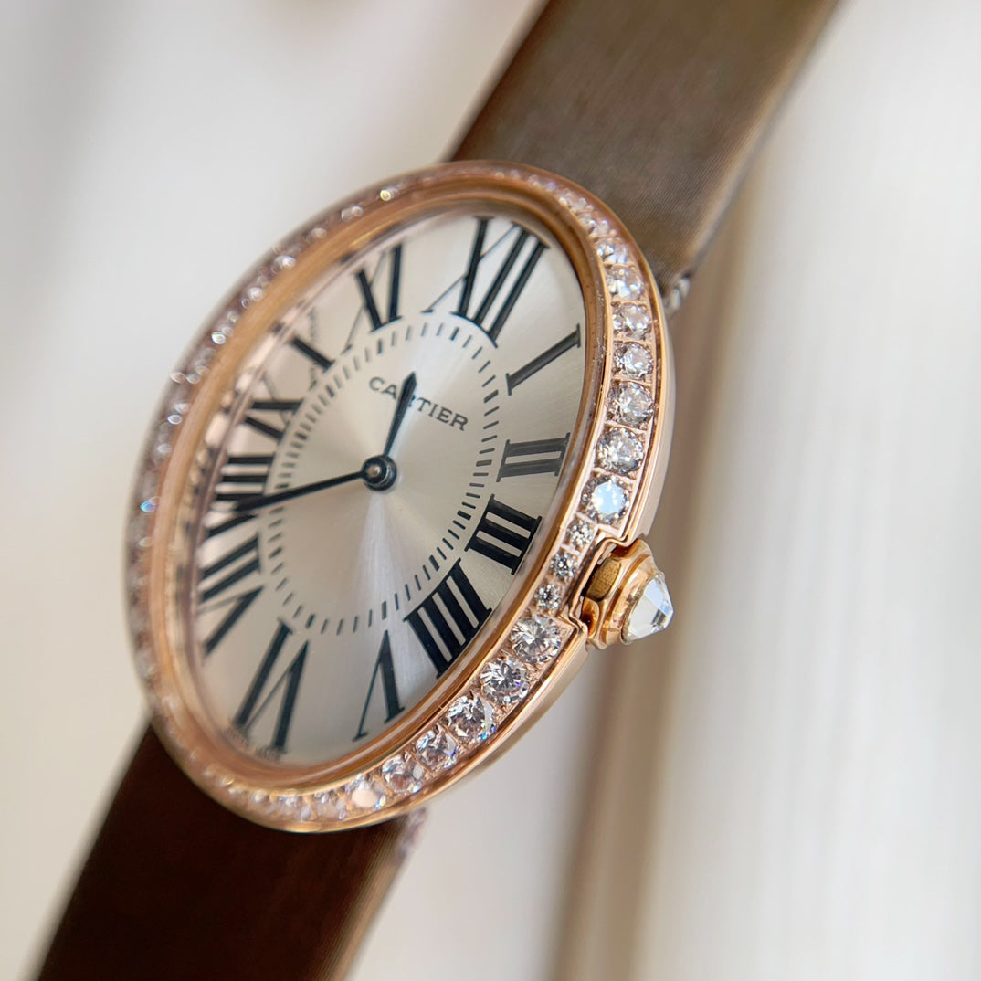 Baignoire 28mm Pink Gold Diamond Case Black Silk Leather