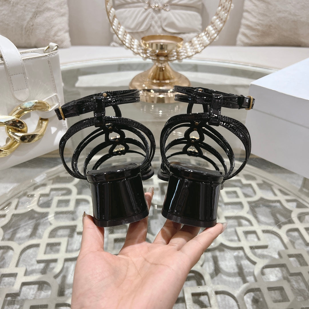 HIGH 45MM BLOCK HEEL SANDAL IN BLACK LAMBSKIN
