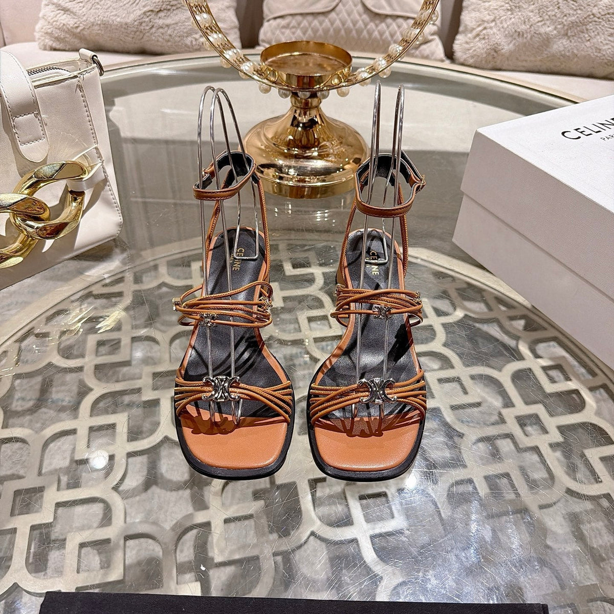 Celine Clémence Heeled Sandal 4cm Brown Sheepskin 941495