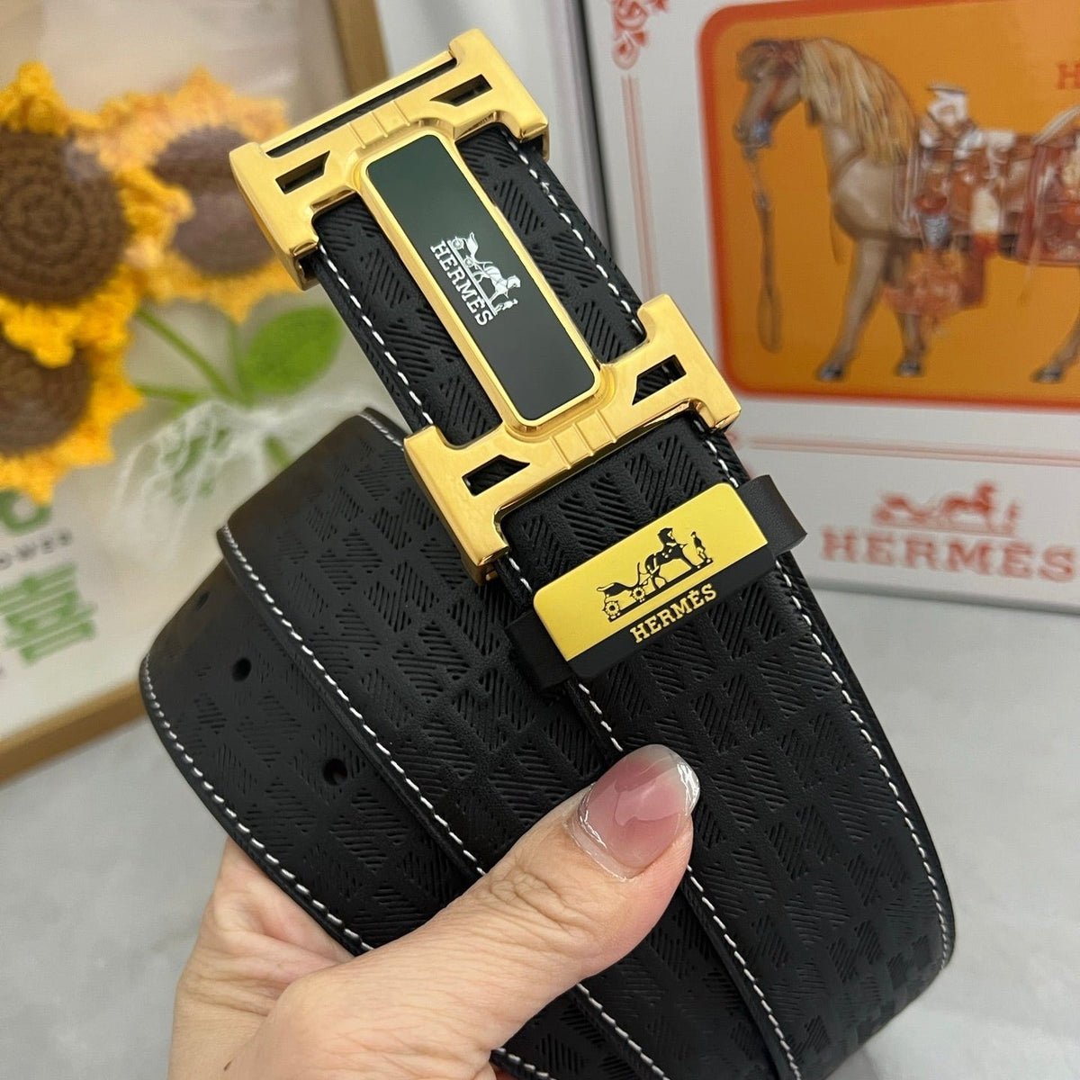 HM Constance Belt 38mm Black Cowhide Gold Buckle 619789