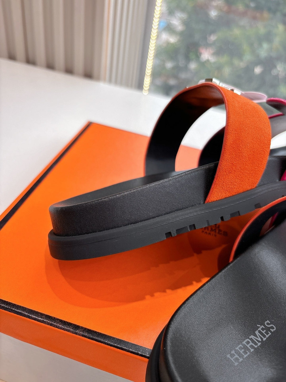HM 25 Chypre Sandal Orange Red Suede Calfskin Silver H