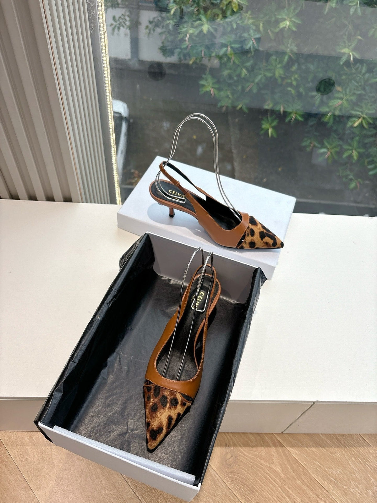 CELINE Slingback Leopard Brown Leather 285984