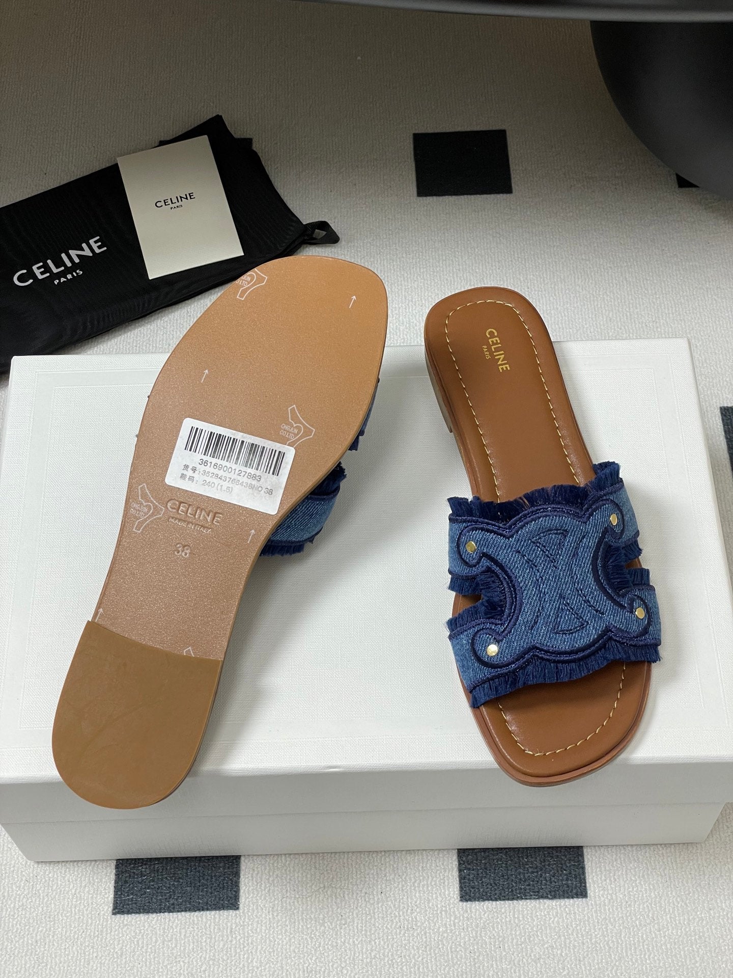 CL Marina Fringed Flat Mule In Blue Denim 319736