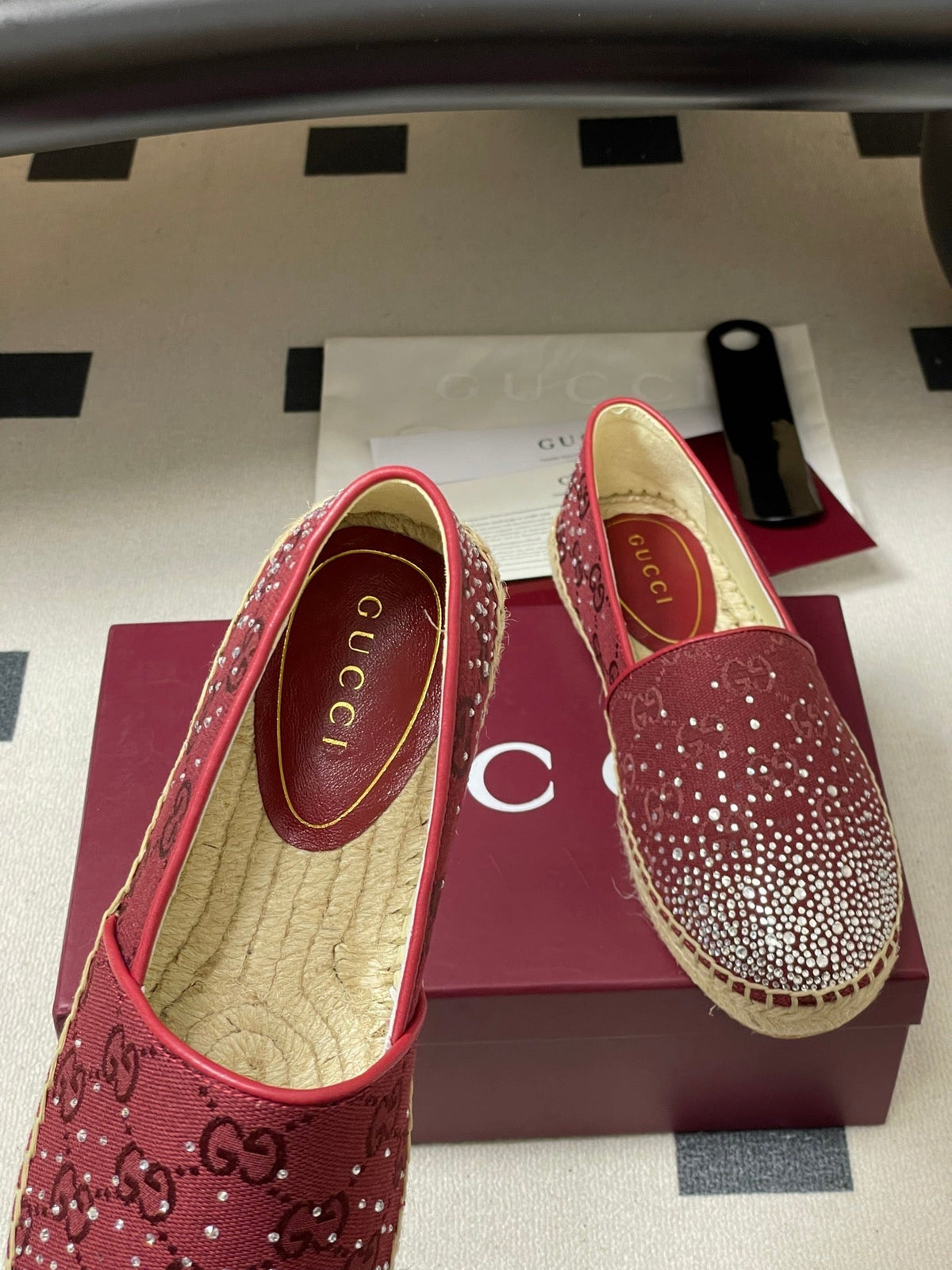 GG 26ss Slip-on Loafers Rhinestones Red Double G Canvas