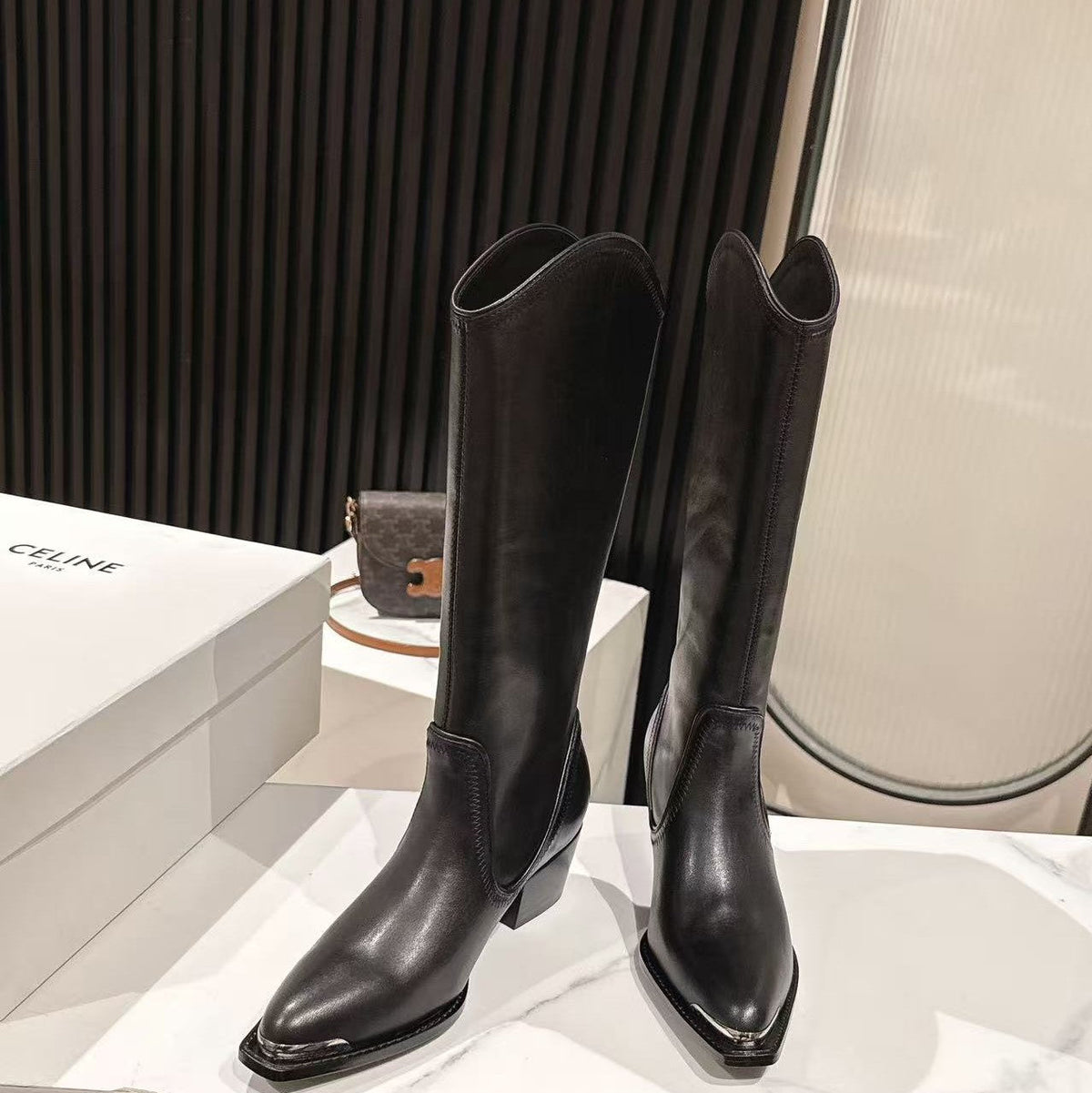 CELINE 25 Mid Calf Cowboy Boots Black Calfskin