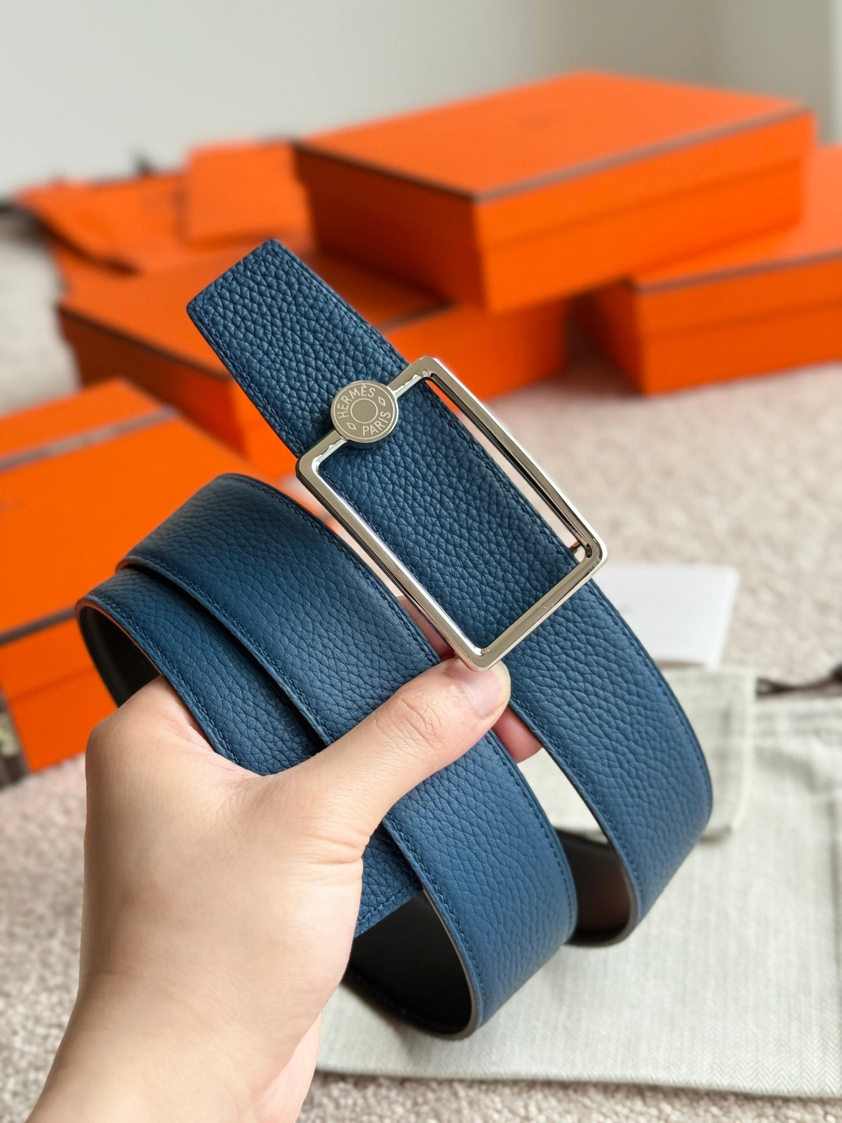 HM Silver Oscar Buckle Belt 38mm Prussian Blue Leather 187786