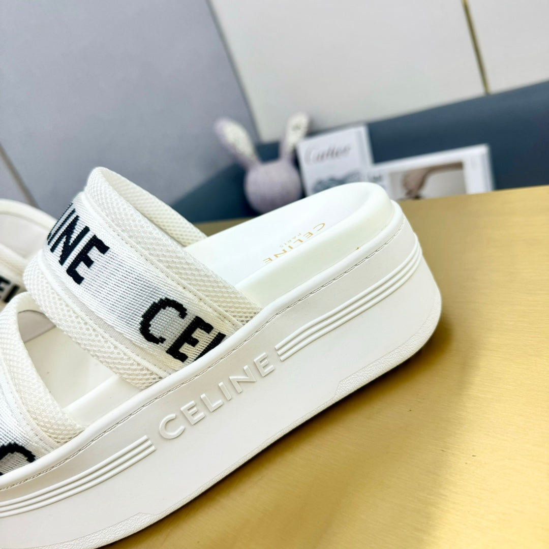 Celine Flatform Dad Sandal Mule White Fabric with Rubber 238141