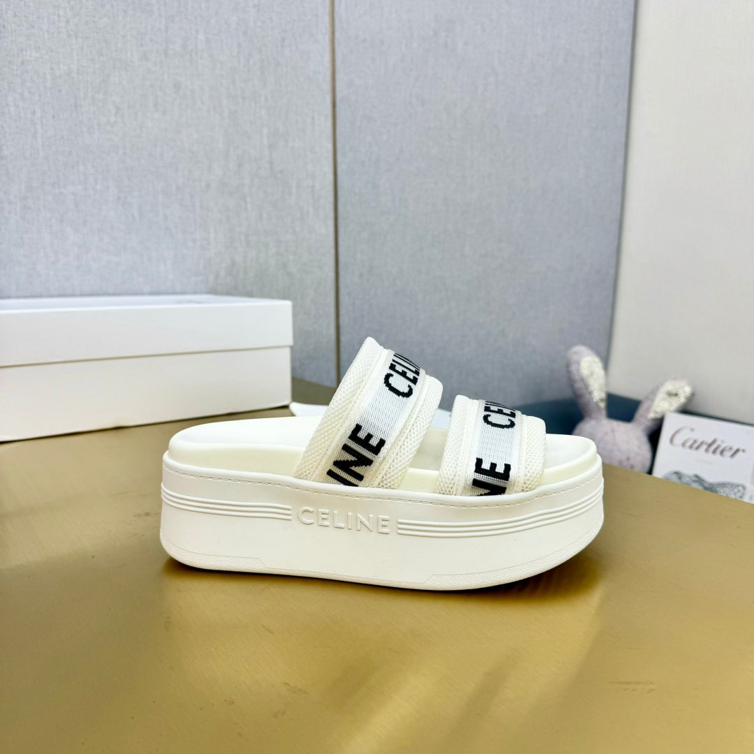 Celine Flatform Dad Sandal Mule White Fabric with Rubber 238141