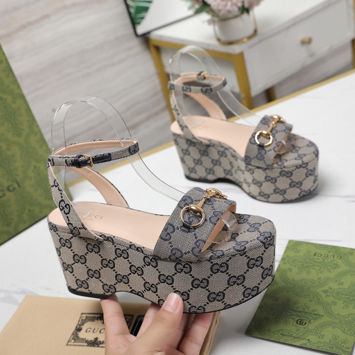 GG Horsebit Wedges Sandals Grey