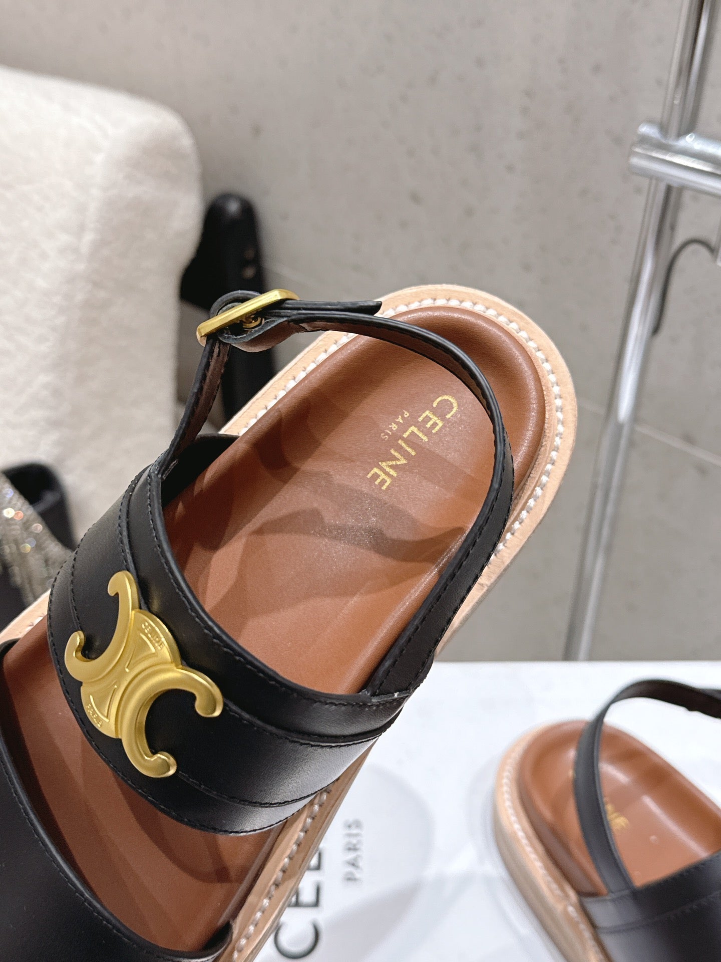 Celine Triomphe Sandals Black Brown Calfskin 610937