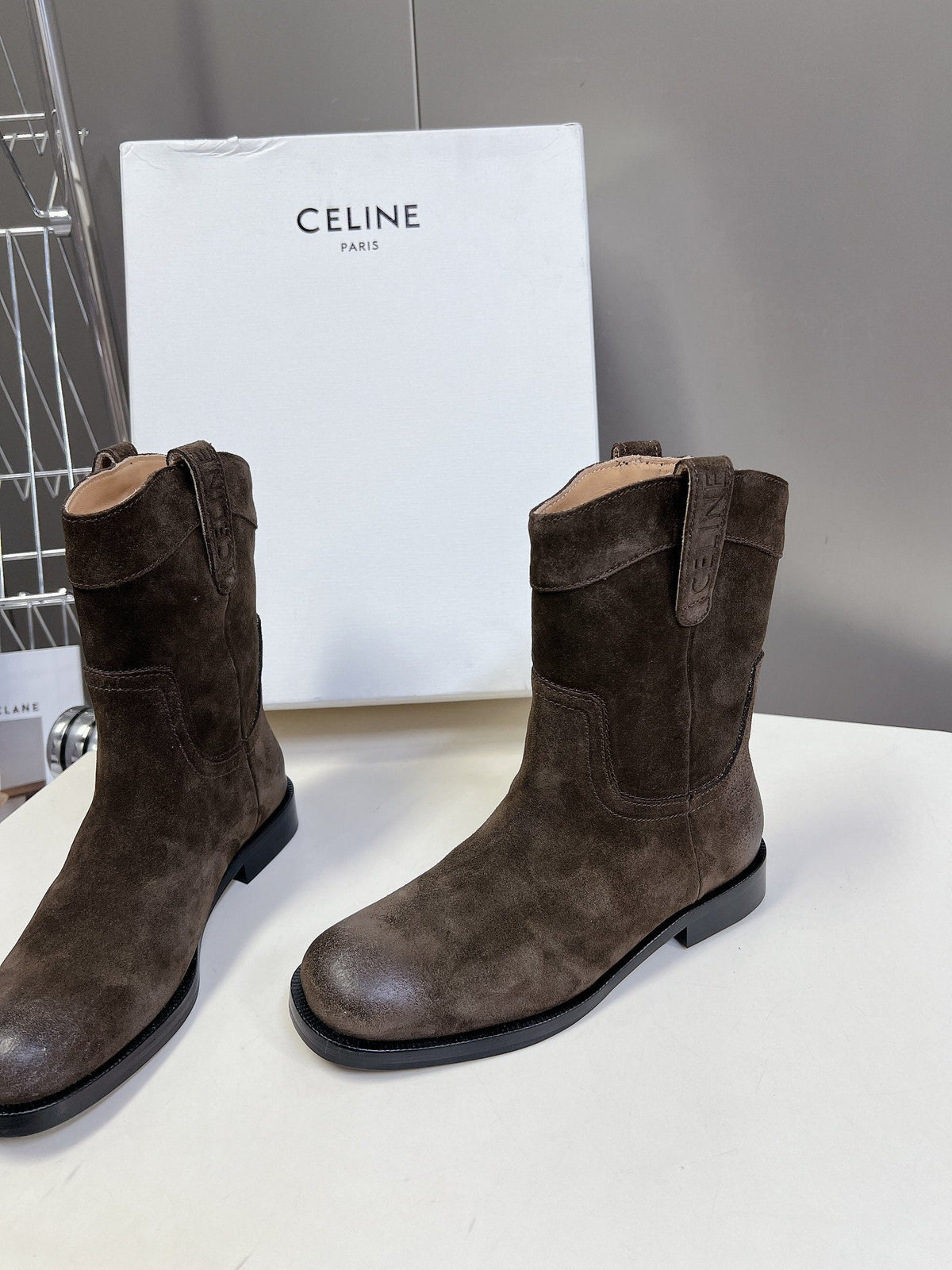 CELINE 25 cowboy boots dark brown suede 434412