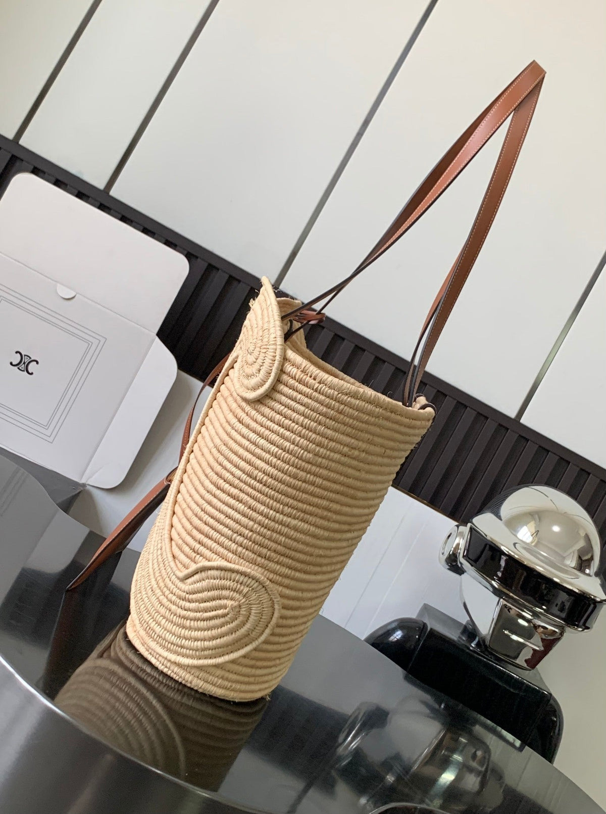 Celine Classic Panier 47cm Braieded Triomphe Beige Raffia Brown Calfskin