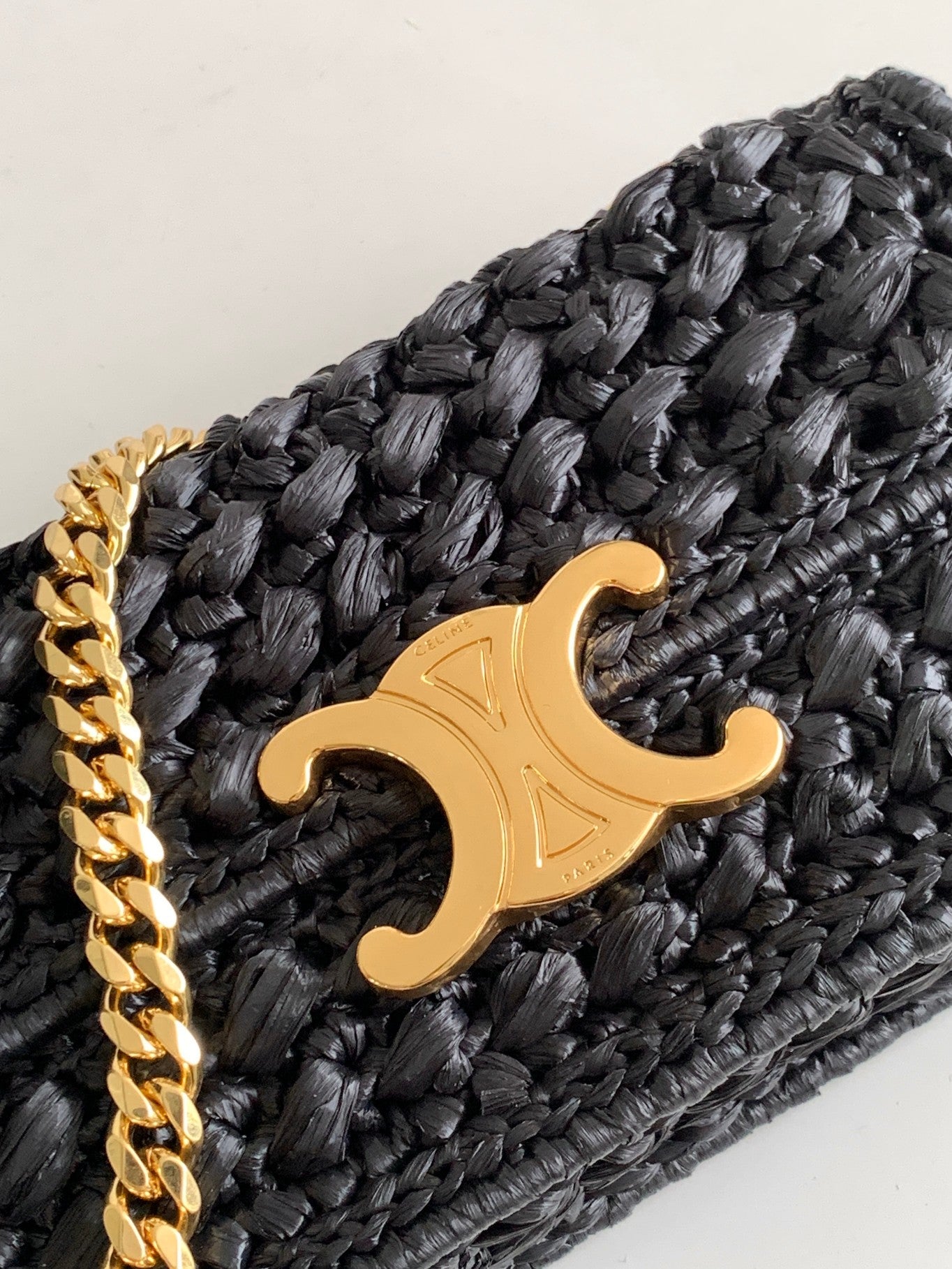 Celine Triomphe 20cm Black Raffia Gold Hardware