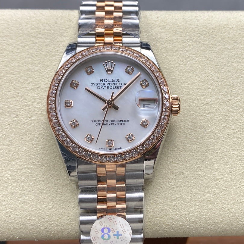 Datejust 31mm Pink Gold Steel Diamond Bezel White Mop Dial