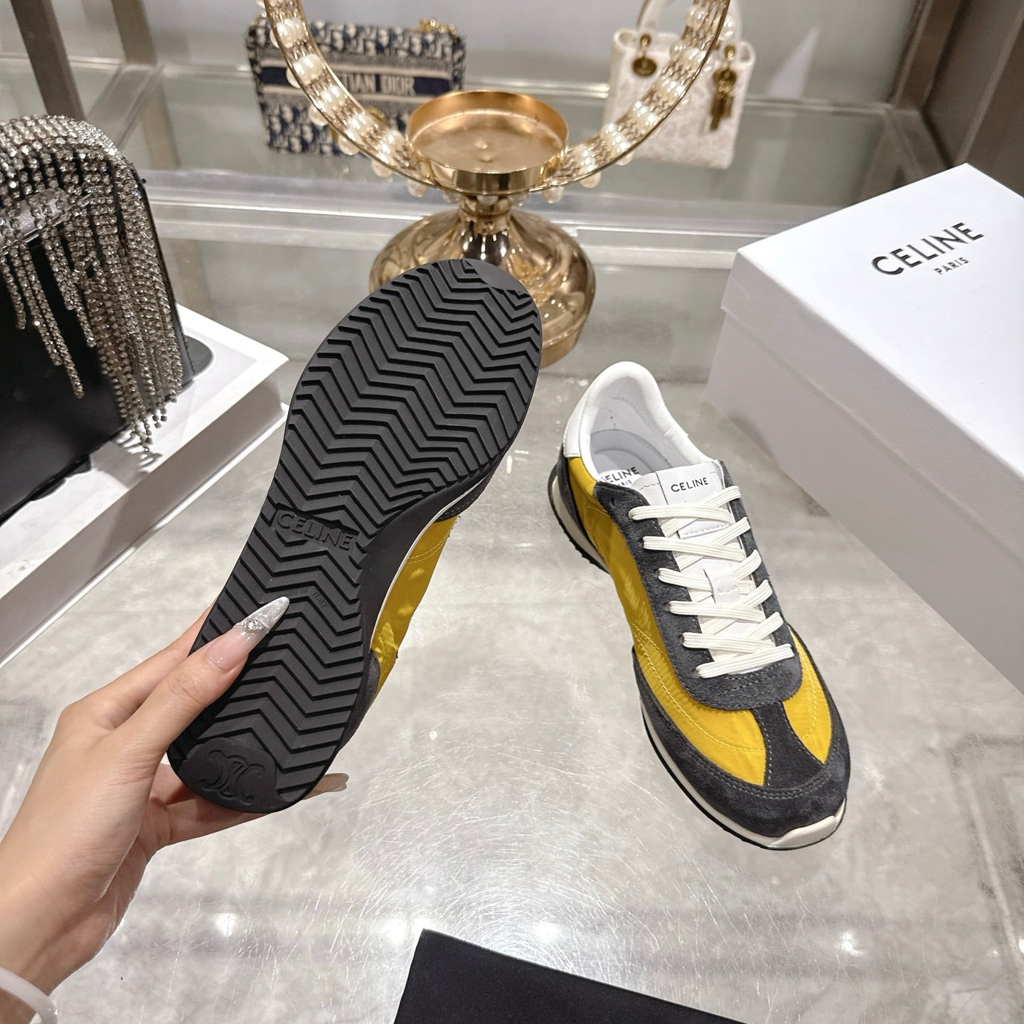 Celine Racer Sneaker Taupe Yellow Suede Fabric 679820