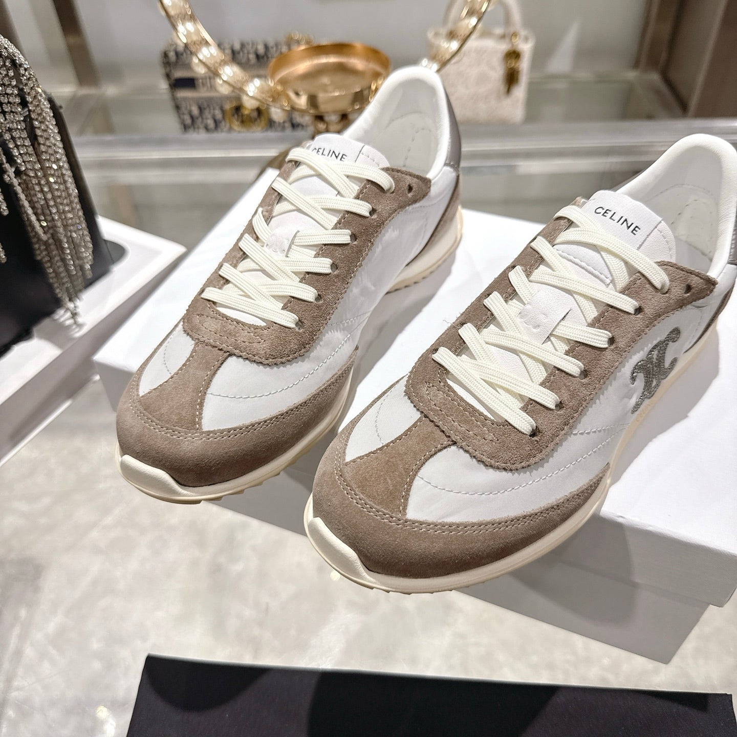 Celine Racer Sneaker Dark Khahi White Suede Fabric 679821