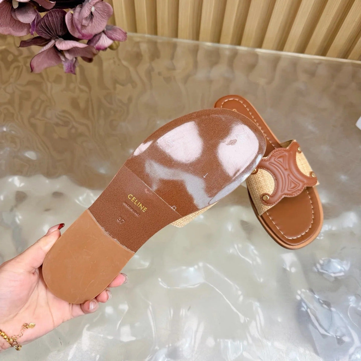 Celine 26 Triomphe Slide Sandals Leather 749443