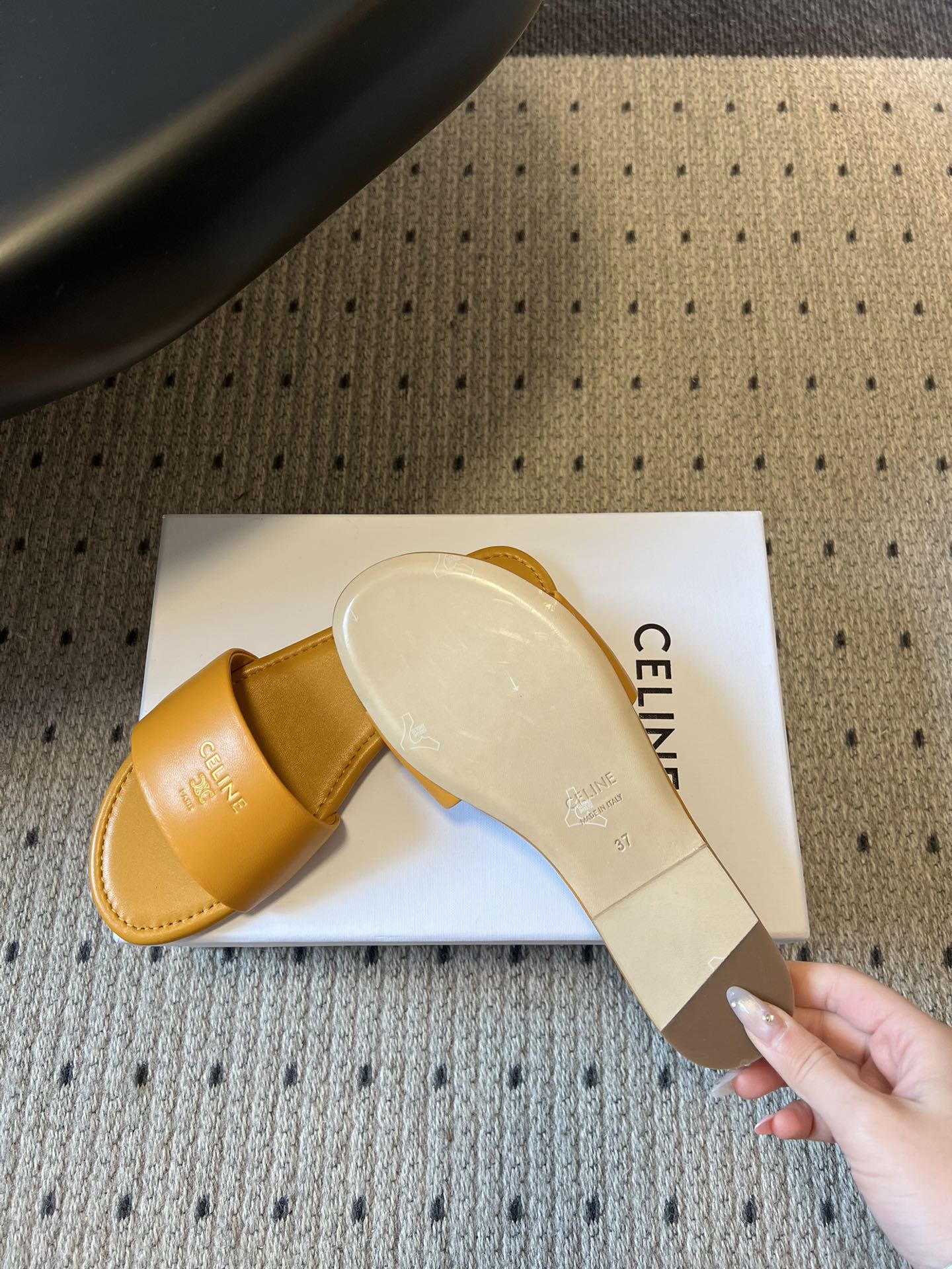 Celine 26 Flat Mule Slippers Mustard Yellow Sheepskin 621529