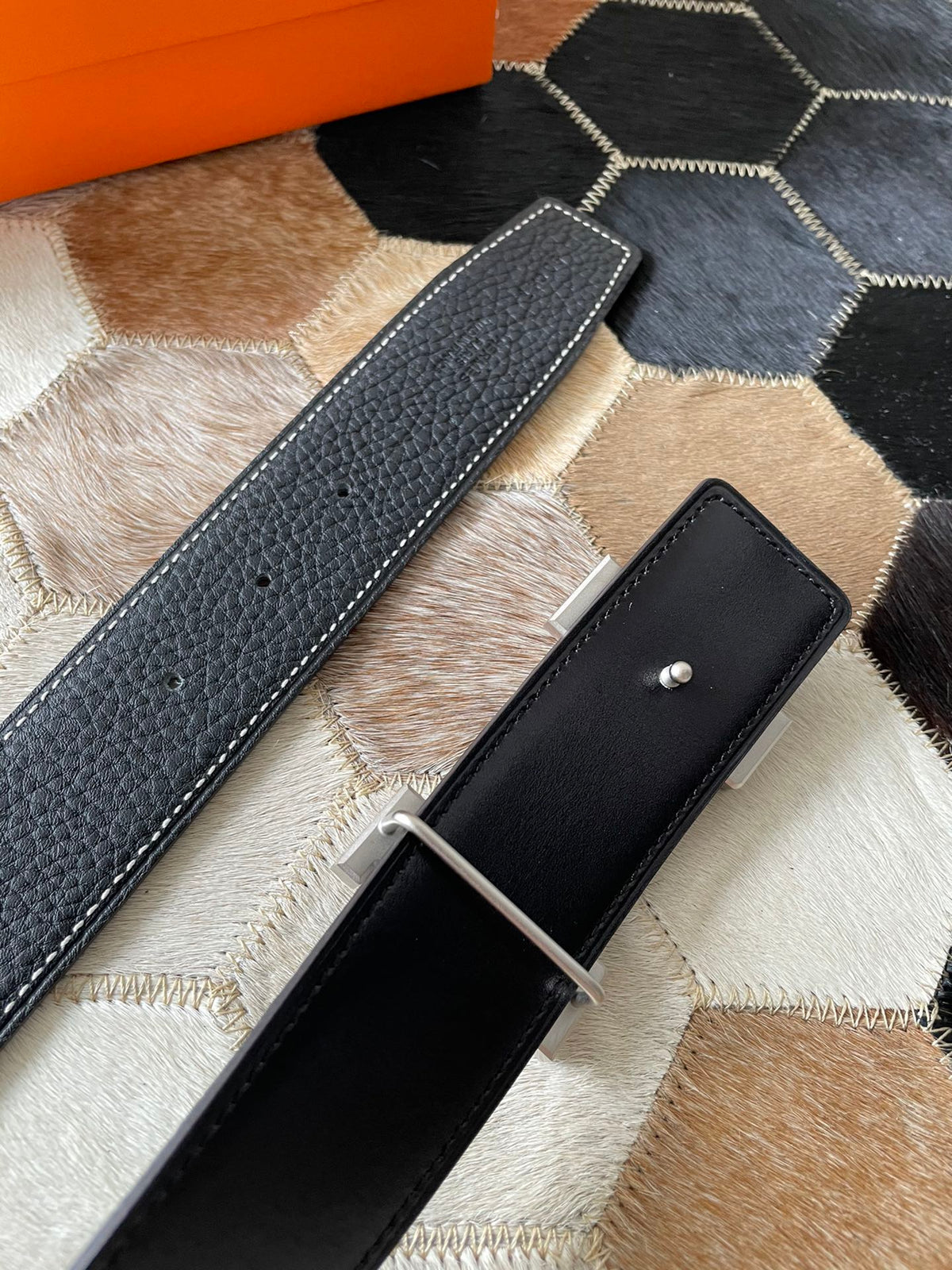 H CONTANCE BELT 38MM SILVER BUCKLE BLACK LEATHER