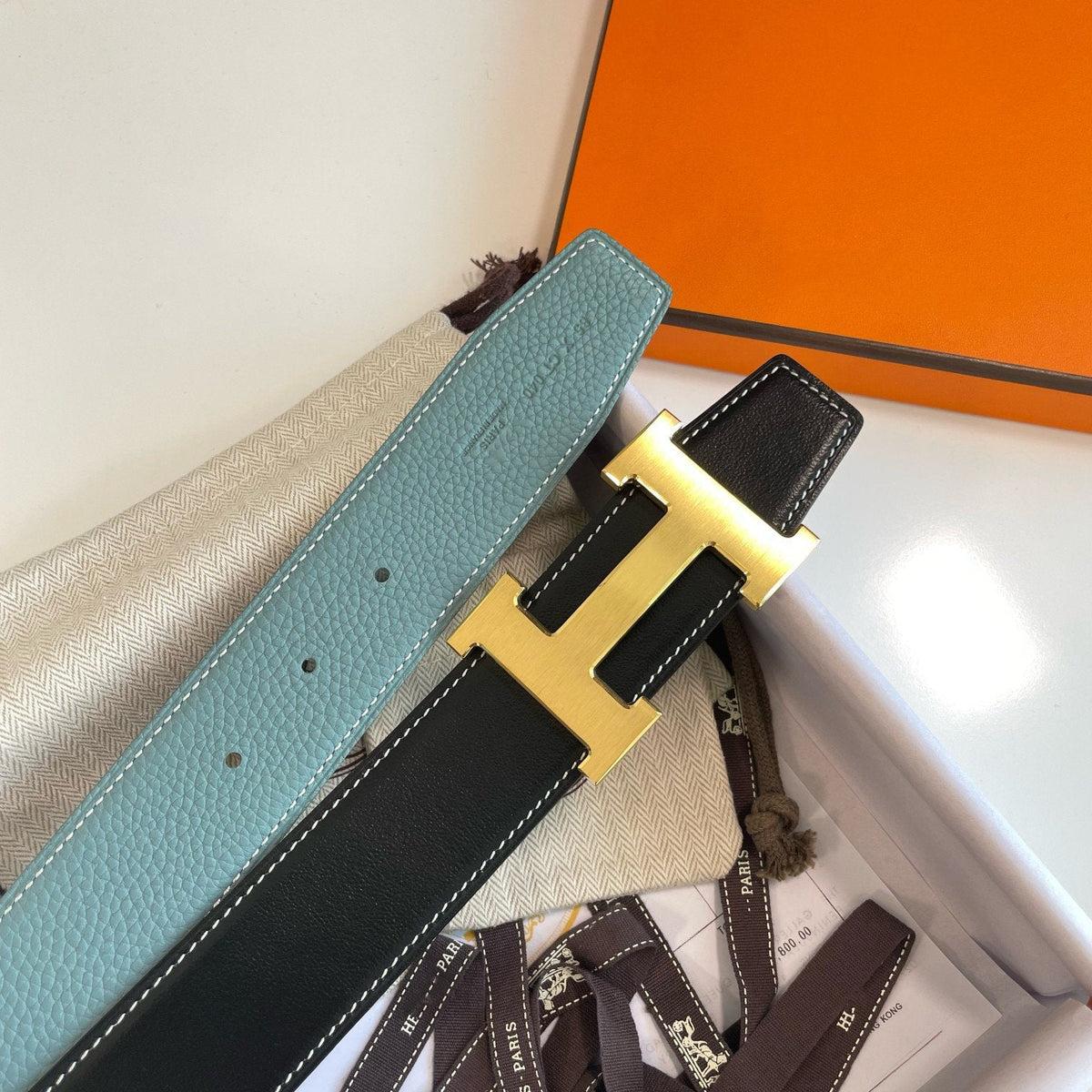 H CONTANCE BELT 38MM GOLD BUCKLE BLACK SKY BLUE LEATHER