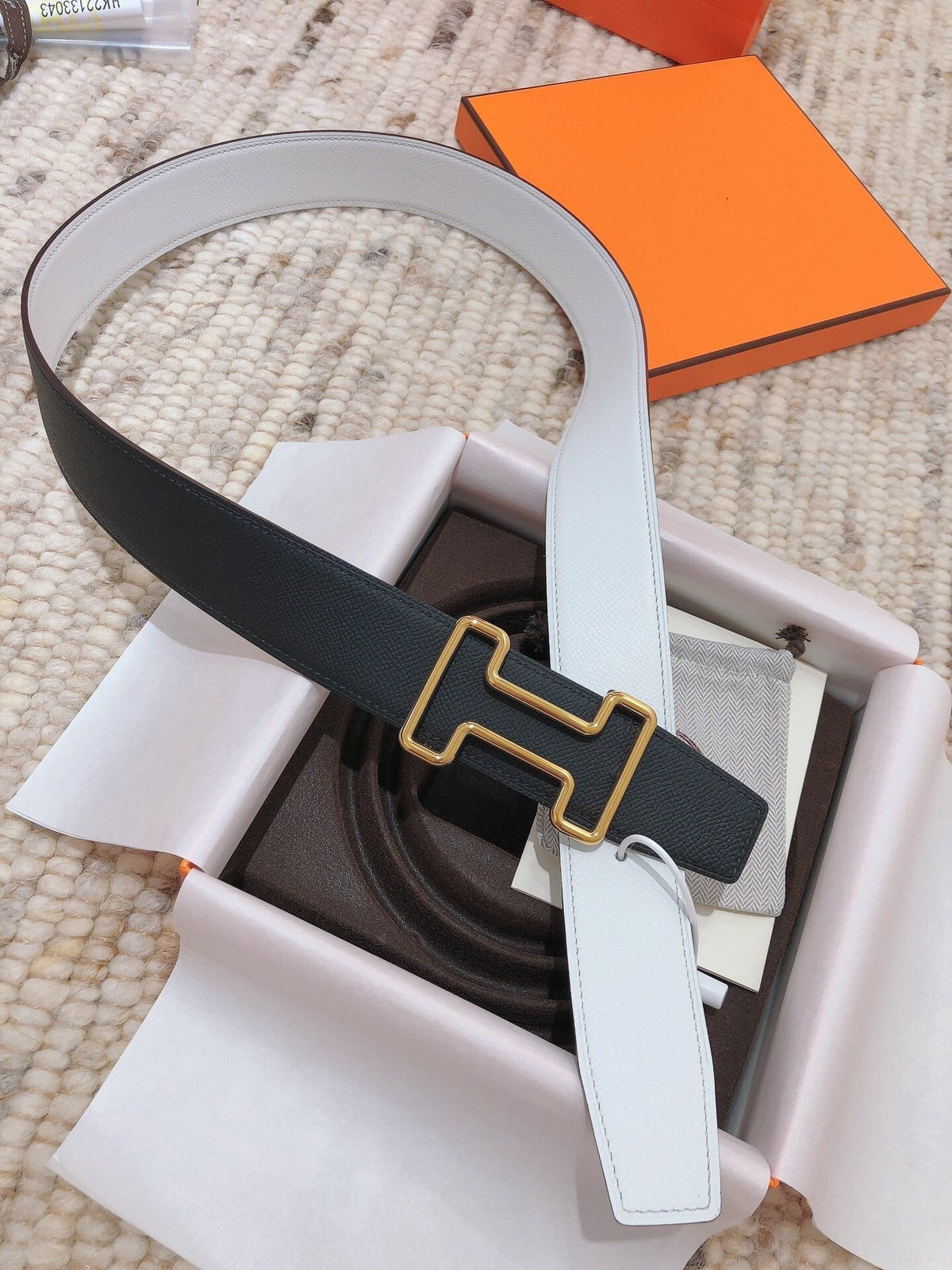 H TONIGHT BELT 38MM BLACK WHITE LEATHER