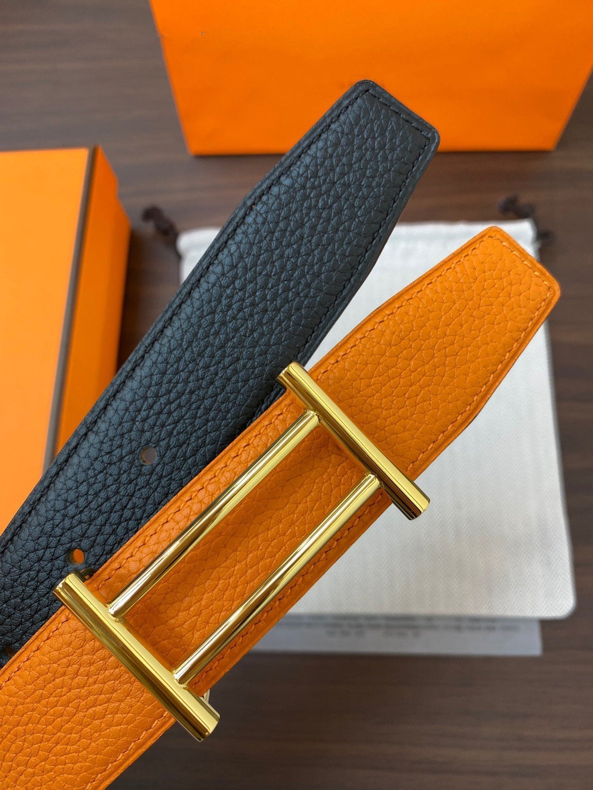 H RIDER RIVERSIBLE BELT 32MM GOLD BUCKLE BLACK GOLD LEATHER