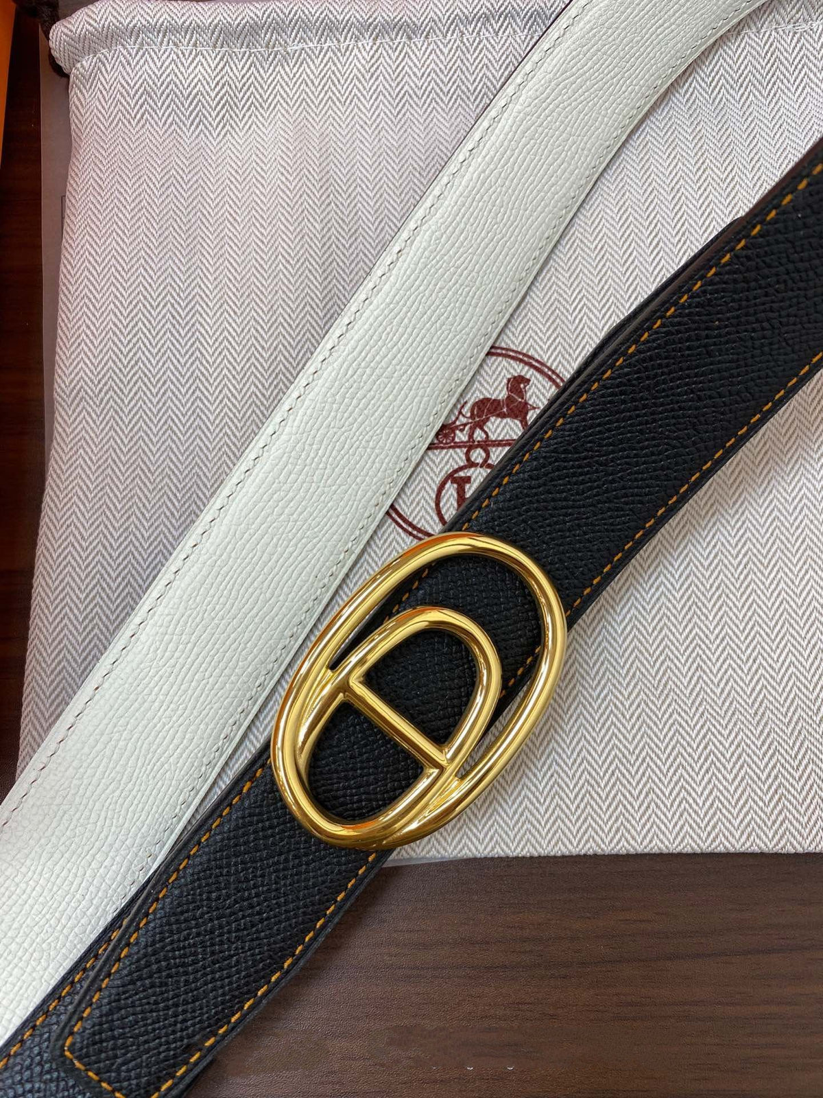 H ODYSSEE RIVERSIBLE BELT 32MM GOLD BUCKLE WHITE BLACK LEATHER