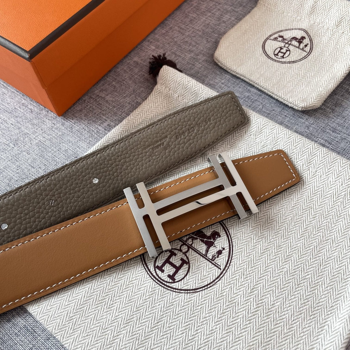 DOUBLE H REVERSIBLE BELT 32MM SILVER BUCKLE GOLD TIN GREY LEATHER