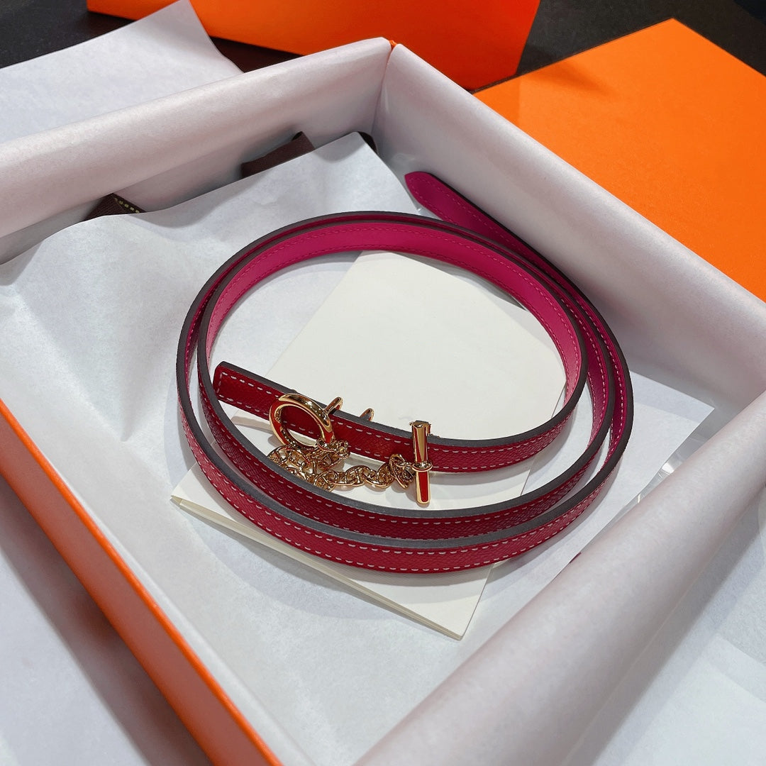 H GOLD BUCKLE WOMEN'S BELT WITH PINK RED LEATHER STRAP 1.3CM