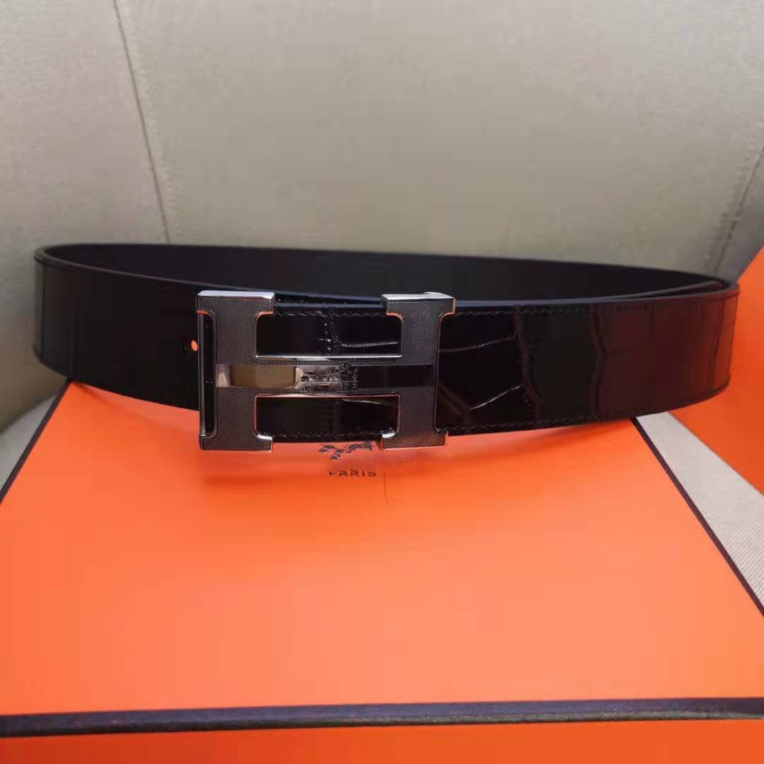 H BELT STEEL BUCKLE CROCODILE-PATTERNED BLACK LEATHER  40MM
