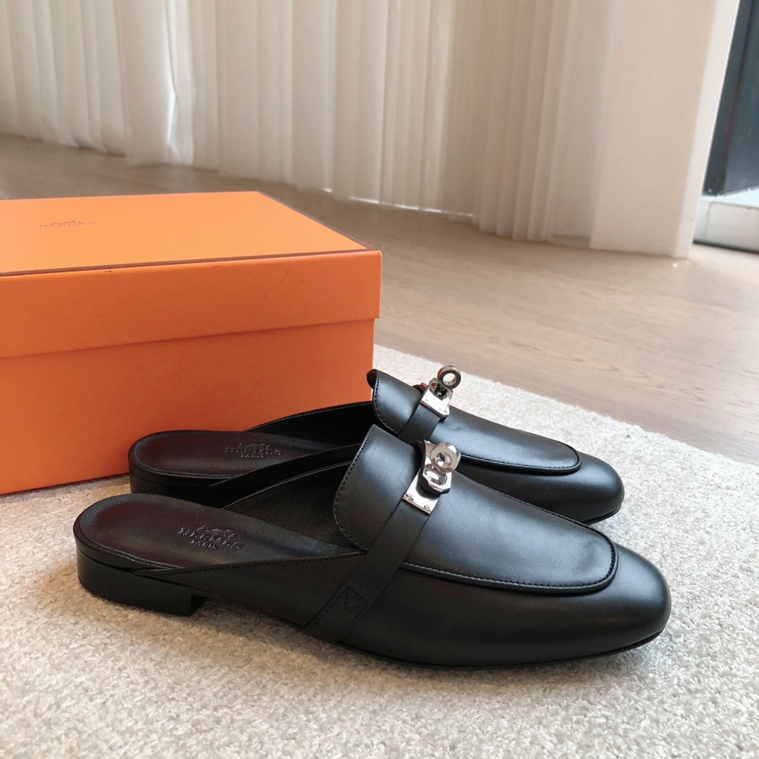 Hermes Oz Mule Black Silver Cowhide 756842