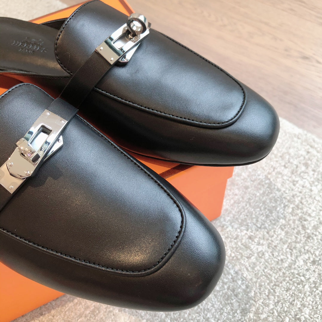 Hermes Oz Mule Black Silver Cowhide 756842
