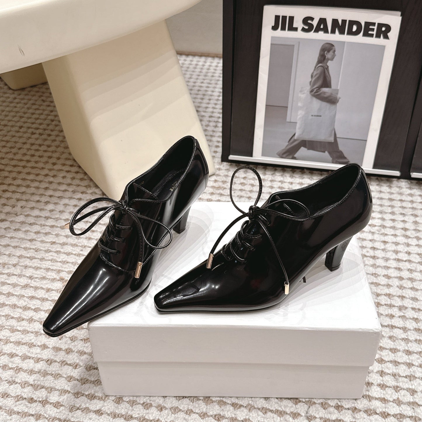 Celine 26 Square Toe Lace-up Oxford Heels 85 Black in Lambskin 813303