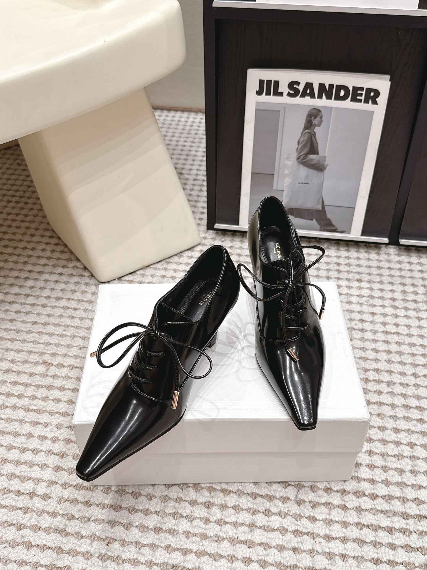 Celine 26 Square Toe Lace-up Oxford Heels 85 Black in Lambskin 813303