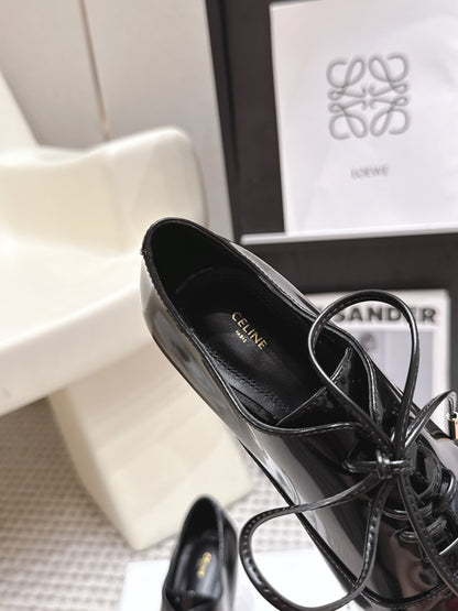 Celine 26 Square Toe Lace-up Oxford Heels 85 Black in Lambskin 813303