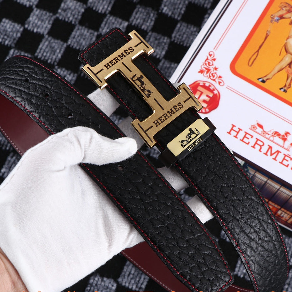 HM Belt 38mm Black Cowhide Leather Gold Buckle 619053
