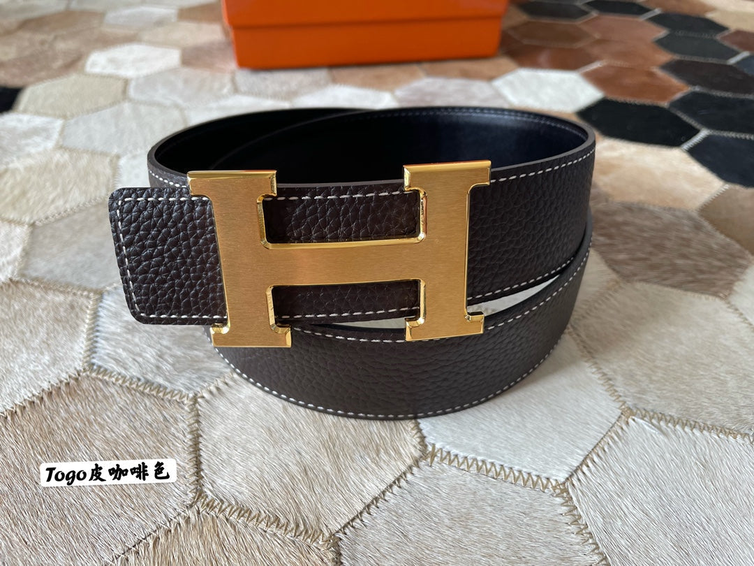 HM CONSTANCE BELT BUCKLE & REVERSIBLE CHOCOLATE BROWN LEATHER STRAP 38MM GOLD HARDWARE