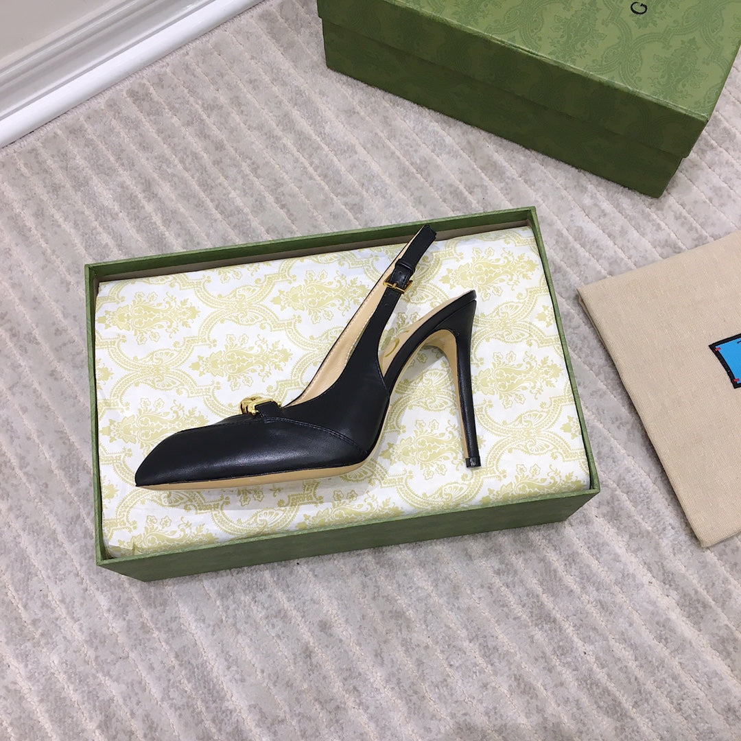 GG HIGH HEEL SLINGBACK BLACK CALFSKIN WITH CHAIN