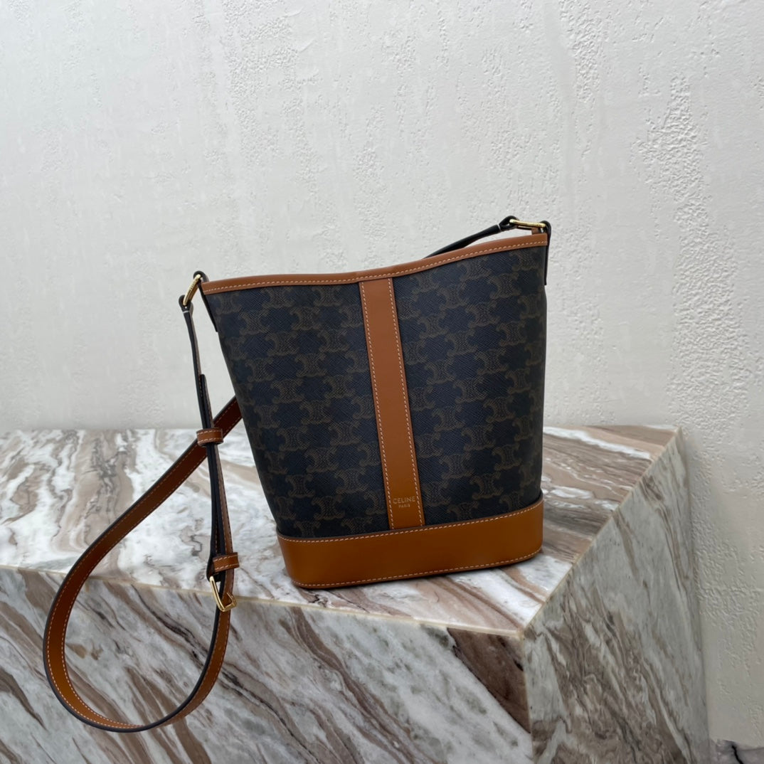 Celine Medium Bucket Bag In Triomphe Canvas With Calfskin