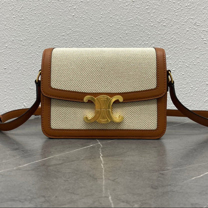 Celine 2026 Classique Triomphe Bag 18cm Tan Beige Textile Calfskin 283616