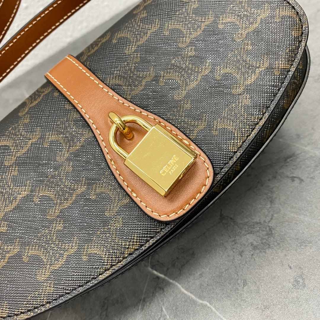 Celine Tabou Clutch on Strap Triomphe Black Brown Canvas & Calfskin