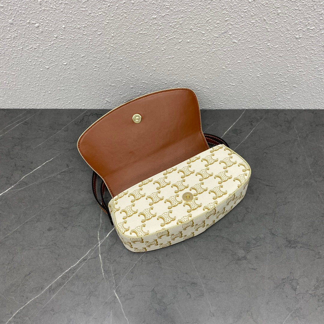 Celine Tabou Clutch on Strap Triomphe Beige Brown Canvas & Calfskin
